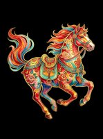 Colorful ornate Chinese zodiac horse with floral patterns, isolated on transparent background, great for stickers, T-shirts, print on demand, and sublimation.