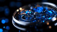 Luxury watch mechanism with glowing blue bokeh lights and metallic gears in macro photography, showing precise engineering and craftsmanship details.