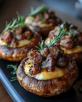 Stuffed portobello mushrooms with bacon, cheese and fresh rosemary herbs on dark wooden board. Gourmet appetizer recipe for restaurant menu or cooking blog.