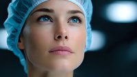 Young Caucasian female surgeon with blue eyes wearing surgical cap in operating room. Medical professional healthcare worker portrait for hospital concepts.