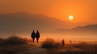Silhouettes of two people walking together on misty path during golden sunrise with mountains in background creating romantic peaceful morning scene.