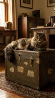 Fluffy tabby cat with long fur lounging inside vintage steamer trunk in warm, vintage-styled study room with wooden furniture and antique decor.