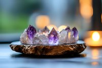Collection of amethyst and clear quartz crystals arranged on wooden bowl for meditation, healing practices, and spiritual wellness rituals.