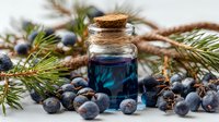 Small glass bottle with blue juniper berry essential oil surrounded by fresh berries and pine branches, natural aromatherapy concept.