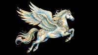Ornate winged horse with gold and blue decorative patterns, isolated on transparent background. Ready for t-shirt design, clipart, stickers, sublimation, and print-on-demand projects.