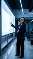 Professional businesswoman presenting at digital display screen in modern corporate office environment with LED lighting and contemporary interior design.