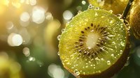 Fresh juicy kiwi slice with water drops and bokeh light effect in background, macro photography showing detailed texture and seeds in natural lighting.