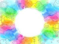 Colorful watercolor rainbow frame with hand drawn doodles including sun, clouds, flowers and hot air balloon on white background for creative design projects.