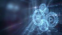 Digital technology gears and cogs with glowing blue light effects on dark background for business automation and industrial innovation concepts.
