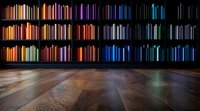 Colorful book spines arranged by spectrum colors on dark wooden shelves against black wall, with polished hardwood floor reflecting ambient lighting.