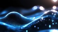 Glowing blue digital wave pattern with particle dots forming dynamic flowing curves against dark background, creating futuristic technology visualization effect.