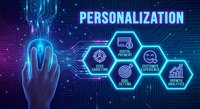 Digital personalization concept with hand reaching toward glowing hexagonal icons showing targeting, analytics and customer experience on circuit board background.