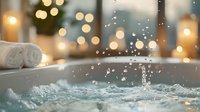 Luxurious bathtub with water splashing and droplets, white rolled towels, and soft bokeh lights creating a warm spa atmosphere for relaxation and self-care.