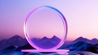 Glowing neon circle frame on reflective surface against purple mountain landscape at sunset, modern minimalist design with vibrant gradient lighting effects.