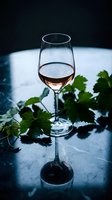 Elegant wine glass with rose wine on marble surface surrounded by fresh grape leaves creating sophisticated tasting atmosphere for culinary content.