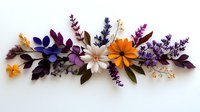 Autumn floral arrangement with orange, purple and white flowers, lavender sprigs and colorful leaves on white background for seasonal design projects.