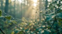 Morning dew drops on delicate spider web with golden sunlight filtering through forest creating magical bokeh effect for nature photography projects.