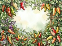 Colorful chili peppers and foliage frame a blank center space, perfect for adding text or graphics to designs, posters, and culinary marketing materials.