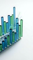 Isometric bar chart with rising arrow showing business growth and financial success in blue and green colors on white background.