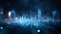 Futuristic digital cityscape with glowing blue skyscrapers emerging from illuminated grid surface against dark background with bokeh light effects and particles.
