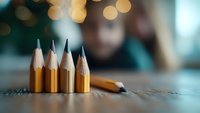 Sharp wooden pencils arranged in row on wooden surface with soft bokeh lights in background, creating artistic composition with shallow depth of field.