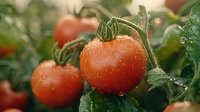 Fresh ripe tomatoes with water drops growing on vine, macro shot with soft natural bokeh background in garden, organic produce and farming concept.