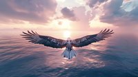 Majestic eagle soaring over tranquil ocean waters at sunset, wings spread wide against pink and purple sky, reflecting dramatic sunlight on calm sea surface.