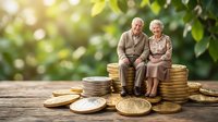 Senior Caucasian couple sitting on golden coins stack representing retirement savings and financial security planning for elderly future.