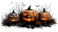 Three glowing carved pumpkins with spooky faces on dark ground with autumn leaves and bare tree branches against white background, bats flying in distance.