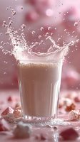Dynamic splash of strawberry milkshake in tall glass with flying droplets on pink background, creamy drink motion capture with soft bokeh effect.