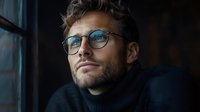Caucasian male entrepreneur with glasses and stubble gazing thoughtfully through window in moody lighting, wearing black turtleneck sweater, conveying contemplation and success.