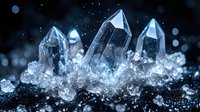 Crystal quartz formations with glowing blue highlights against dark background, magical mineral cluster with frost-like texture and ethereal bokeh effect creates mystical atmosphere.