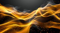 Glowing golden waves of light and smoke create dynamic flowing curves against dark background with sparkling particles. Abstract energy design element.