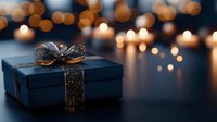 Luxury navy gift box with gold glitter bow and warm bokeh lights, suitable for holiday, Christmas, birthday, and celebration marketing materials.
