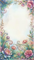 Watercolor floral border frame with pastel roses, peonies, and golden swirls on soft background, perfect for invitations and greeting cards.