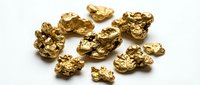 Gold nuggets scattered on white background showing natural metallic texture and irregular shapes for mining investment concepts.
