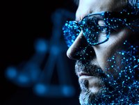 Side profile of mature bearded man wearing glasses with glowing blue particles and bokeh effects creating magical atmosphere in dark background.