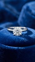 Elegant diamond solitaire engagement ring on luxurious blue velvet surface with sparkling texture and soft lighting for romantic jewelry photography.
