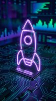 Neon glowing rocket icon on circuit board with financial charts in background, representing startup growth, innovation, and business launch success in digital technology environment.