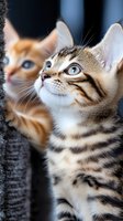 Curious striped kitten with bright blue eyes looking up while ginger cat watches in background, close-up portrait showing soft fur texture and innocent expression.