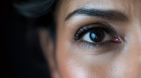 Close up macro shot of brown eye with long eyelashes and defined eyebrow against dark background, showing intricate iris detail and natural skin texture.