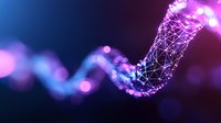 Glowing purple and blue network connections forming curved line with bokeh effect on dark background, representing digital data flow and connectivity.