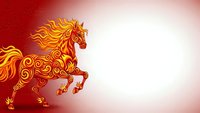Ornate fire horse with golden flames and decorative swirls on red gradient background for Chinese New Year celebrations and festive designs.