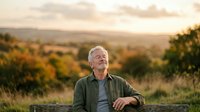 Senior man with gray hair and light skin tone, wearing casual olive jacket and blue shirt, leaning on wooden fence in rural countryside landscape during golden hour sunset, suitable for lifestyle, aging, retirement and nature editorial use.