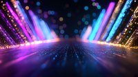 Vibrant neon light rays burst upward against dark background with glowing particles and bokeh effects creating futuristic perspective tunnel view.
