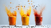 Colorful explosion of coffee drinks in glasses with flying coffee beans and powder creating dynamic splash effect against light background.