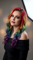 Young Caucasian woman with vibrant rainbow colored hair and dramatic makeup wearing black off-shoulder top in modern studio setting for beauty and fashion concepts.