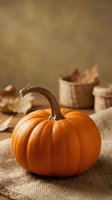 Orange pumpkin on burlap fabric with autumn leaves in wicker baskets creating warm seasonal harvest atmosphere for fall decorating and thanksgiving celebrations.