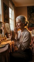 Elegant senior woman applying lipstick while looking in vintage hand mirror at ornate dressing table in luxurious bedroom with warm golden lighting.