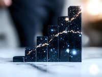 Ascending stair-like blocks with cosmic galaxy pattern showing growth concept, stars and nebula on dark background, business success metaphor.